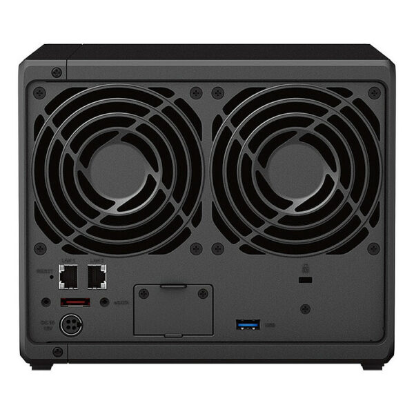 DiskStation Synology DS923+ boitier 4 Disques vue de Derrière avec 2 ventilateurs de refroidissement et 2 ports reseau LAN plus un port usb